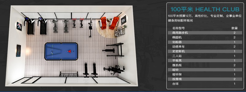 100平方健身室-球王会健身器材企事业健身解决方案